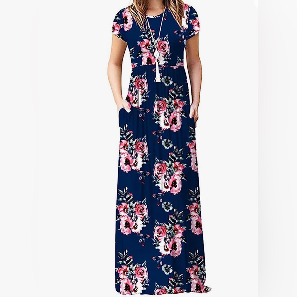 Dearcase 3 Flower Navy Blue Maxi Dress with Pockets, Size Small